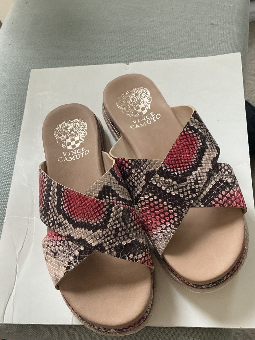 Vince Camuto leather upper Red Snake-Print Crossband Slide Sandals